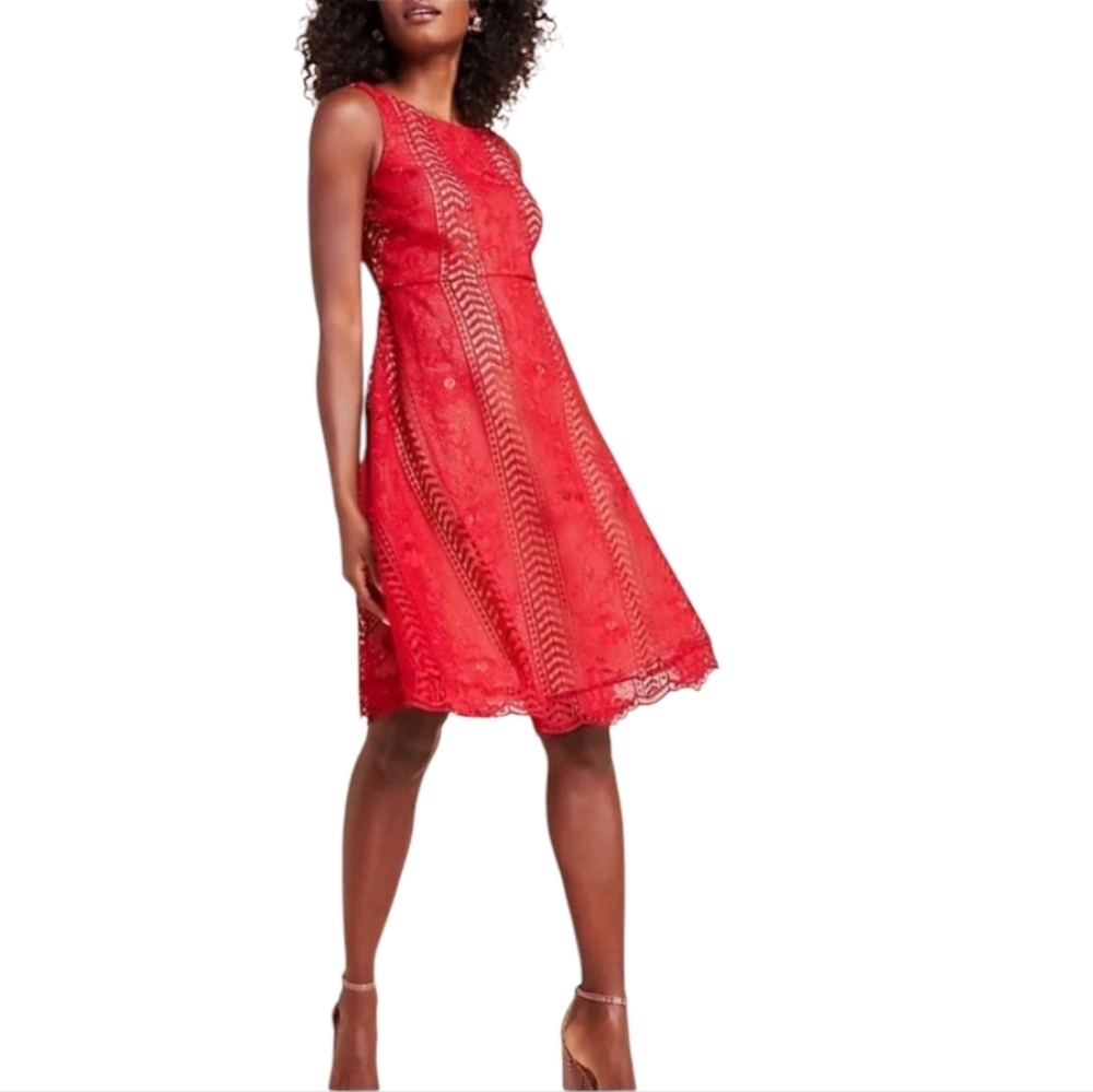 By Anthropologie Georgia Lace Dress in Red and nude Cocktail Party Wedding